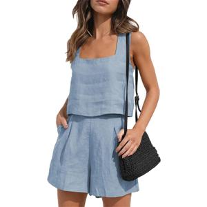 YMING Womens Summer 2 Piece Outfits Linen Set Square Neck Sleeveless Crop Tank Top and Shorts Sets Plus Size Light Blue M (Blue, M)