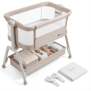All-in-1 Bedside Bassinet for Baby – Adjustable Height Bedside Sleeper with Full Mesh Sides 2 Breathable Sheets & Storage Basket | Portable Baby Bassinet for Newborns with Wheels Bed Anchor, Crib