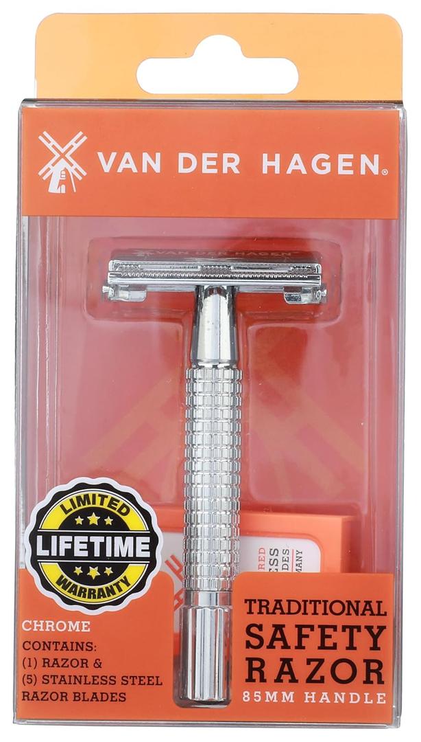 Van Der Hagen Mens Traditional Safety Razor Kit (includes 5 blades) for a close shave in Chrome