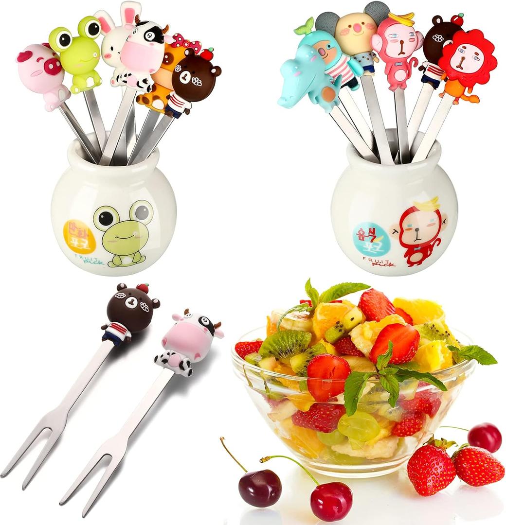 12 Pcs Food Picks for Kids with 2 Ceramic Jars Set of 2 Cute Cartoon Animal Fruit Forks Kids Toothpicks Stainless Steel Bento Picks for Kids with Silicone Handles Back to School Party Supplies