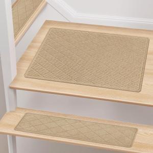 Stair Treads with Landing Rug for Wooden Steps Indoor, Peel and Stick Stair Treads Matching-Mat 20"X32" Stair Landing Slip Resistant Polyester Stair Rugs Non Slip for Seniors and Dogs, Beige