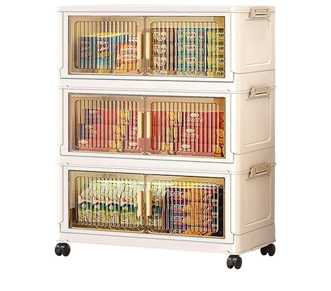 SHUNYILONG Foldable Rolling Storage Cart with Doors & Clear Windows, Stackable Plastic Bins for Clothes Organization (Stripe  2 Clear & 1 Yellow, 3 Tier  14.7" D x 9.2" W x 25.9" H)