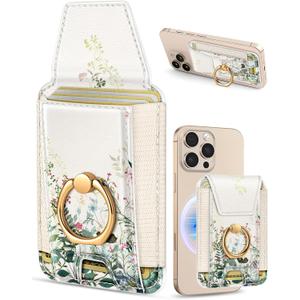 Shorogyt Compatible with Magsafe Wallet with Grip Magnetic Card Holder - Cute Phone Wallets with Ring Stand for iPhone 17/16/15/14/13/12 Series for Women Girls Ink Bouquet Design, Fit 7 Cards