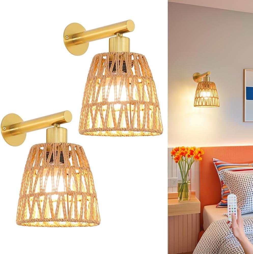 Battery Operated Wall Sconce Set of 2, Gold Battery Wall Sconces, USB Rechargeable Wall Lights with 2500mAh Dimmable Bulbs and Remote, RGB 15 Colors Wireless Wall Lamps for Bedroom Living Room Hallway (6.3in wireless)