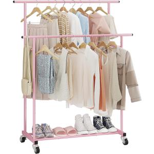 Calmootey Double Rod Clothing Garment Rack Rolling Hanging Clothes Rack, Portable Clothes Organizer for Bedroom, Living Room, Clothing Store, Pink