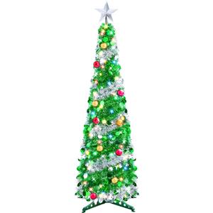 Joiedomi 5 FT Pop Up Christmas Green Tree with Lights, Collapsible Tinsel Christmas Tree Decorations with 50 Multicolor LED Lights and Ball Ornaments for Home Holiday Party Indoor Decor Green Trees