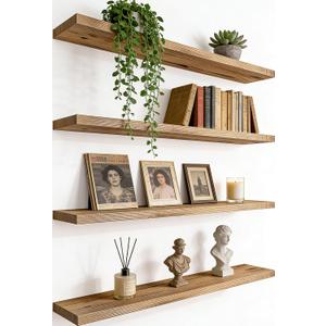 24 Inch Rustic Wood Floating Shelves Farmhouse Wooden Wall Shelves for Bathroom Bedroom Living Room Kitchen Office Set of 4 Light Brown