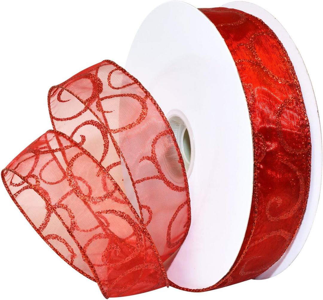 Morex Ribbon Wired Swirl Sheer Glitter Ribbons, Holiday Ribbon for Crafts and Christmas Decorations, Gift Wrapping, 1.5" x 50 Yd, Red
