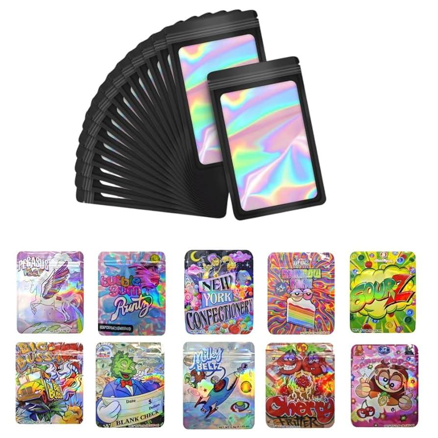 100pcs 3.5g Mylar Bags for Party, 10 Special Cartoon Pattern, 5 x 4 Inch Resealable Candy Bag, Gummies Bagss, Storage Baggies .