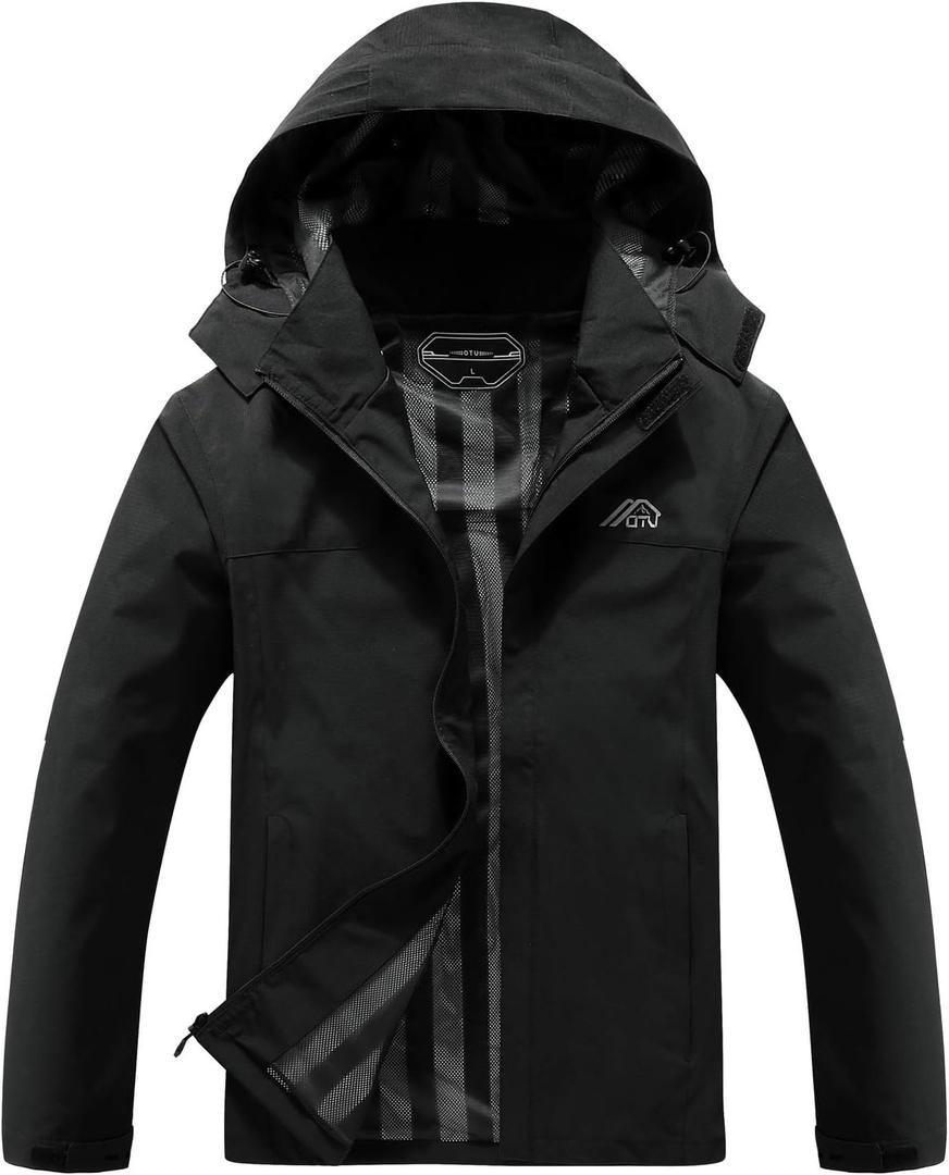 OTU Men's Lightweight Waterproof Hooded Rain Jacket Outdoor Raincoat Shell Jacket for Hiking Travel (X-Large, Black)