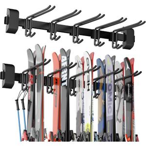 32" Ski & Snowboard Wall Rack Heavy-Duty Wall Mounted Ski Storage for Garage, Holds 10 Pairs with 5 Adjustable Hooks, 300lbs Capacity, Non-Slip Rubber, Easy Install | Ski Holders for Wall