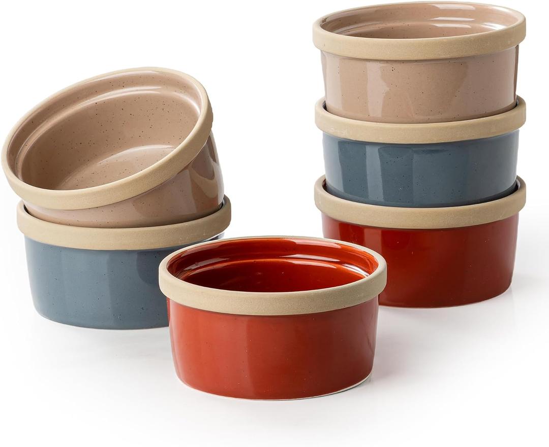 DAFUCERAMIC Ramekins 8 Oz Oven Safe, Ceramic Creme Brulee Souffle Dishes, Pudding Custard Cups Ramekin For Baking, Small Dipping Sauce Bowls, Set of 6, Microwave and Dishwasher Safe (Artisan Colors)