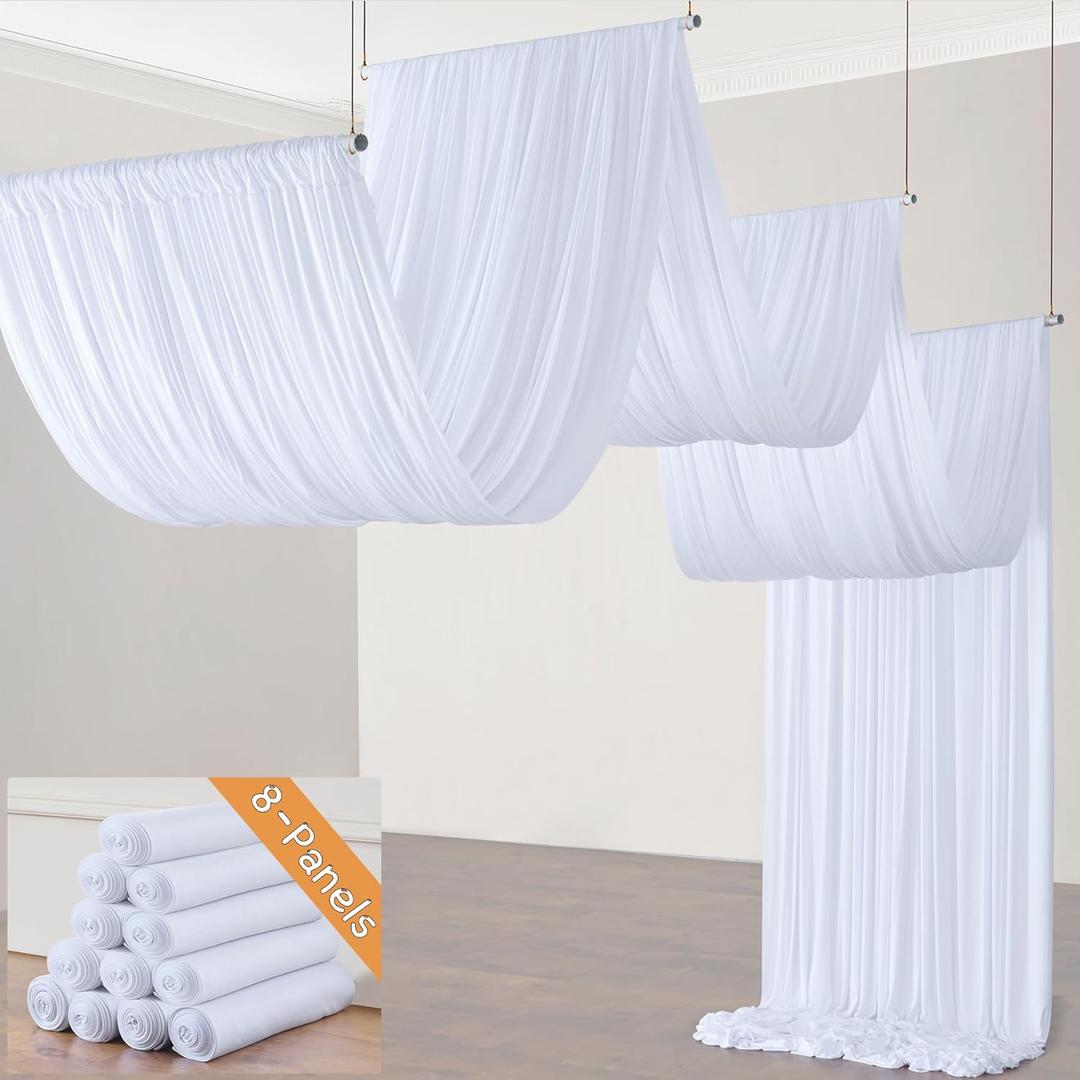 40ft20ft White Ceiling Drapes for Weddings Parties,8 Panels 520ft Long Ceiling Curtain for Tent Canopy,Wrinkle Free Silk Easy to Draping&Hang White Drapes for Event Church Stage Photo Bedroom