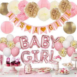 Ouddy Party Pink Baby Shower Decorations for Girls with Its a Girl Banner, Baby Girl Letter Pink Gold Confetti Balloons Paper Pom Poms for Baby Shower Gender Reveal Party Supplies