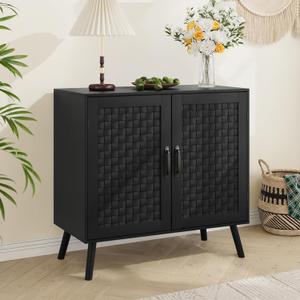 Black Buffet Sideboard Cabinet, Storage Cabinet with Handmade PVC Rattan Decor Doors, Wooden Coffee Station with Adjustable Shelf for Kitchen, Living Room, Entryway