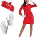 fun shack Flight Attendant Costume Women Red, Retro Airline Stewardess Outfit for Women, Vintage Stewardess Attire (Large)