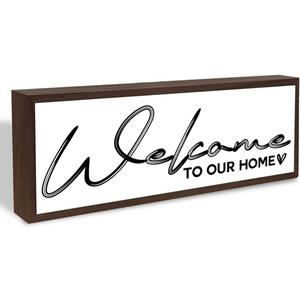 Welcome to Our Home Sign, Front Door Wood Signs, Framed Wooden Plaque, Shelf Decoration, Modern Farmhouse Home Decor, Housewarming Gift, 9.5x3.1x1 inches