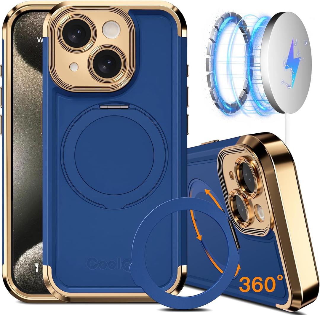 COOLQO for iPhone 15 Case 6.1'' Upgraded 360 Spin Magnetic Stand [Compatible with Magsafe][Military Protection] Plating Matte Scratch-Resistant Back Protective Shockproof Phone Case, Blue Gold