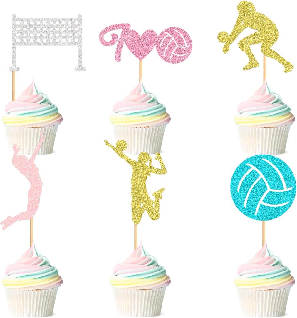 24pcs Beach Volleyball Cupcake Toppers - Sport Theme Decor Supplies with Volleyball Player & Ball Cupcake Picks for Birthday Celebration