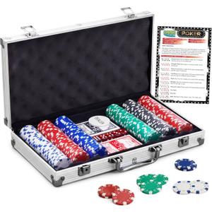 Gamie Poker Set in Aluminum Case, Casino Poker chip Kit with 300 Chips, 2 Decks of Playing Cards, 5 Dice, and 1 Deluxe Case, Fun Game Night Supplies, Best Poker Gifts for Teens and Adults, Black