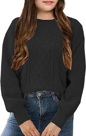 Girl's Sweater Cable Knit Long Sleeves Crew Neck Soft Casual Pullover Sweaters (Black,160