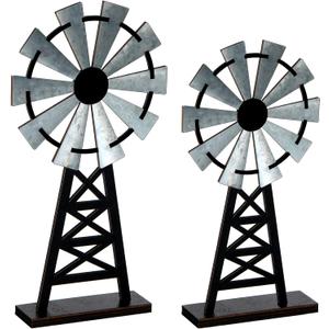 Set of 2 Wooden Farmhouse Windmill Table Top Decor Wood Small Distressed Black Grey Rustic Windmill Themed Table Decor for Kitchen Garden Home