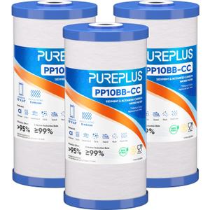 PUREPLUS 5 Micron 10" x 4.5" FXHTC Whole House Sediment and Carbon Water Filter Replacement Cartridge for GE GXWH40L, GXWH35F, GNWH38S, Culligan RFC-BBSA, WRC25HD, RFC-BB, PP10BB-CC, WFHD13001, 3Pack