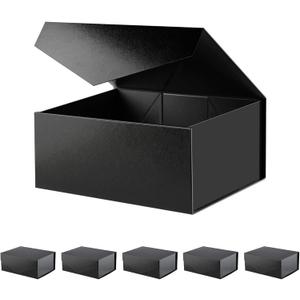 BLK&WH 6 Gift Boxes 9x6.5x3.8 Inches, Black Gift Boxes, Groomsman Boxes, Collapsible Boxes with Magnetic Closure Lids for Gift Packaging (Glossy Black with Grass Texture)