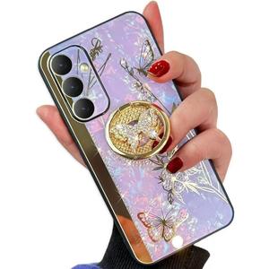 Bling Glitter Case for Galaxy A15, Cute 3D Floral Butterfly Luxury Sparkle Rhinestones with Kickstand Mirror Elegant Shockproof Protective Cover for Girls Women for Samsung A15 5G (Purple)