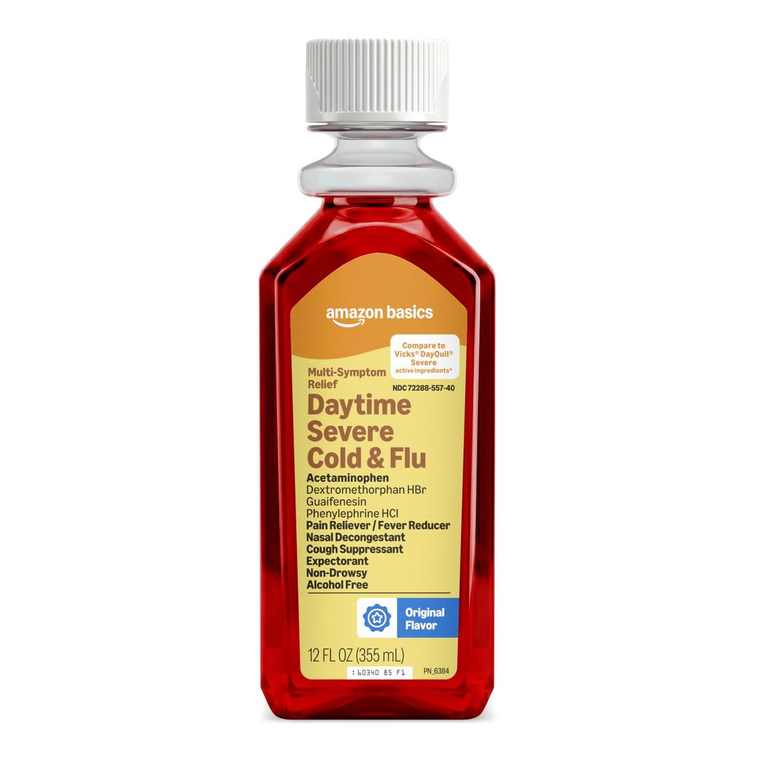 Amazon Basics Severe Daytime Cold and Flu, Non-Drowsy, Multi-Symptom Relief, for Adults and Children Age 6 and Over, Original Flavor, 12 fl oz (Previously Care)