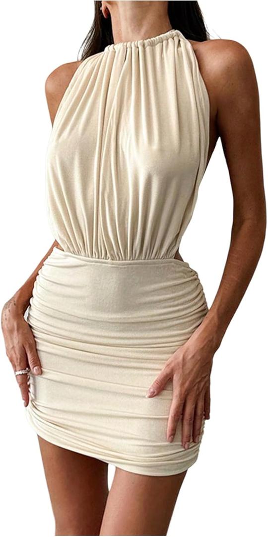 SweatyRocks Women's Backless Halter Cocktail Dress Sleeveless Ruched Bodycon Mini Dress Party Clubwear (Apricot)