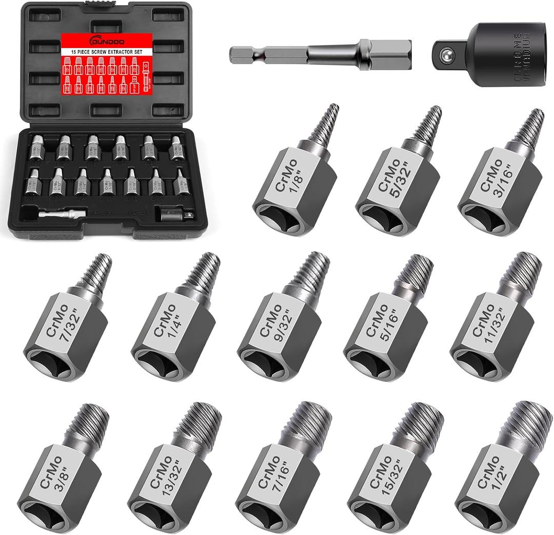 15 Pieces Screw Extractor Set, Easy Out Bolt Extractor Kit, 3/8" Inch Drive Hex Head Multi-Spline Bolt Remover Kit Tool for Removing Stripped, Broken Rusted Bolts Screws (1 screw missing)