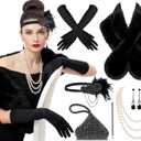 Estune 7 Pcs 1920s Flapper Accessories for Women Headpiece Fur Shawl Clutch Earrings Necklace Gloves Holder Roaring Costume