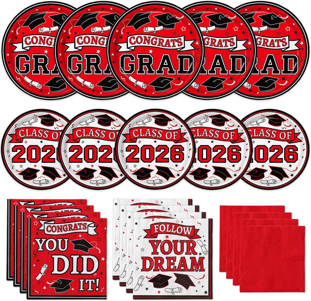 Graduation Plates and Napkins 2026, Congrats Grad Disposable Dinner & Dessert Paper Plates, and Napkins for Red Graduation Party Decoration, Serves 50