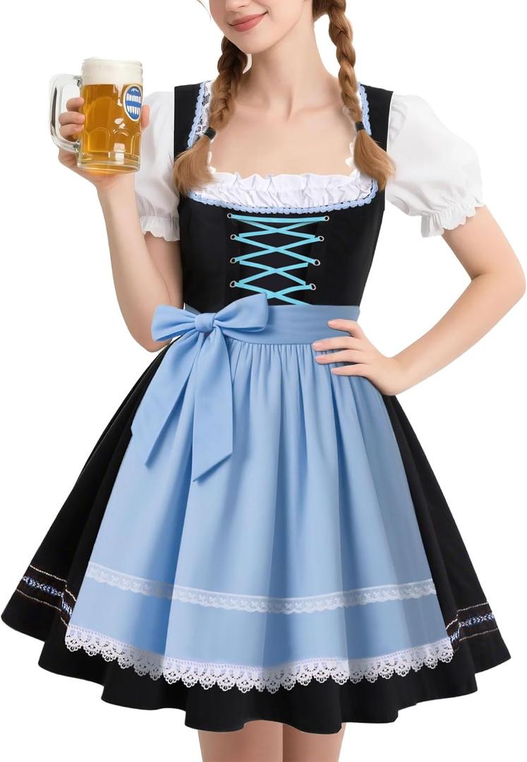 PARTTELY Oktoberfest Outfits Women Dirndl Dress German Bavarian Beer Dirndl Dress Costumes for Halloween Carnival (Small, Light Blue)