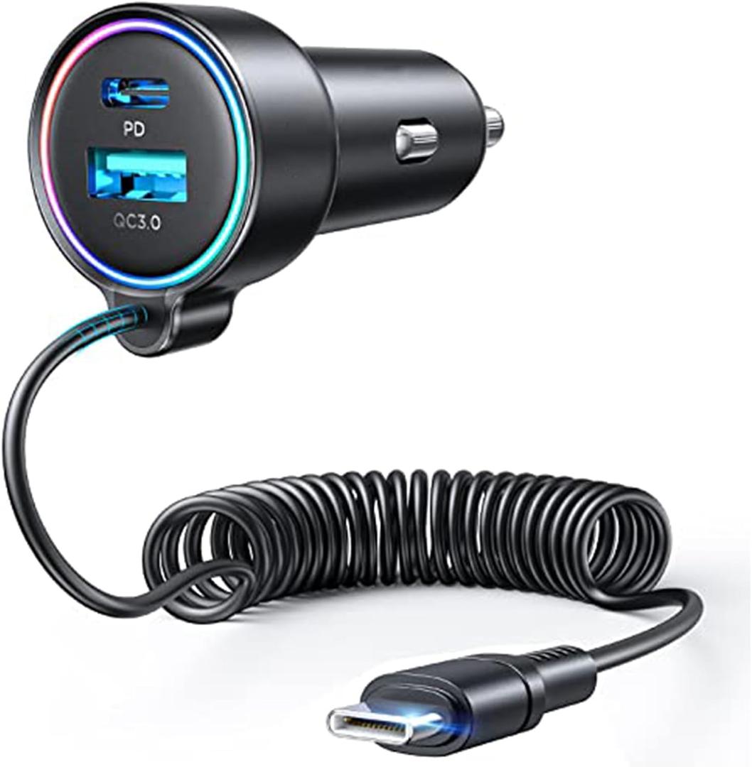 USB C 90W Car Charger for iPhone 17/16 Pro Max, PD & QC3.0 w/5 ft 45W Type Coiled Cable, Fast Car Phone Charger Adapter for iPhone 17Air/15 Pro, Samsung Galaxy S25/S24/S23, Pixel 10/LG/Android, iPad