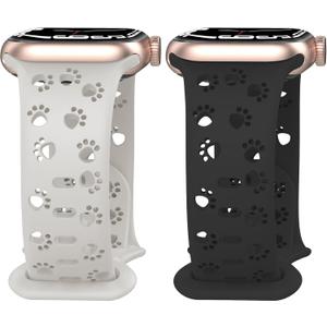 2 Pack Silicone Bands Compatible with Apple Watch Band 38mm 40mm 41mm, Hollow-Out Dog Paw Design Sport Soft Strap for iWatch Ultra SE Series 9/8/7/6/5/4/3/2/1 Women Men (Black+Starlight)