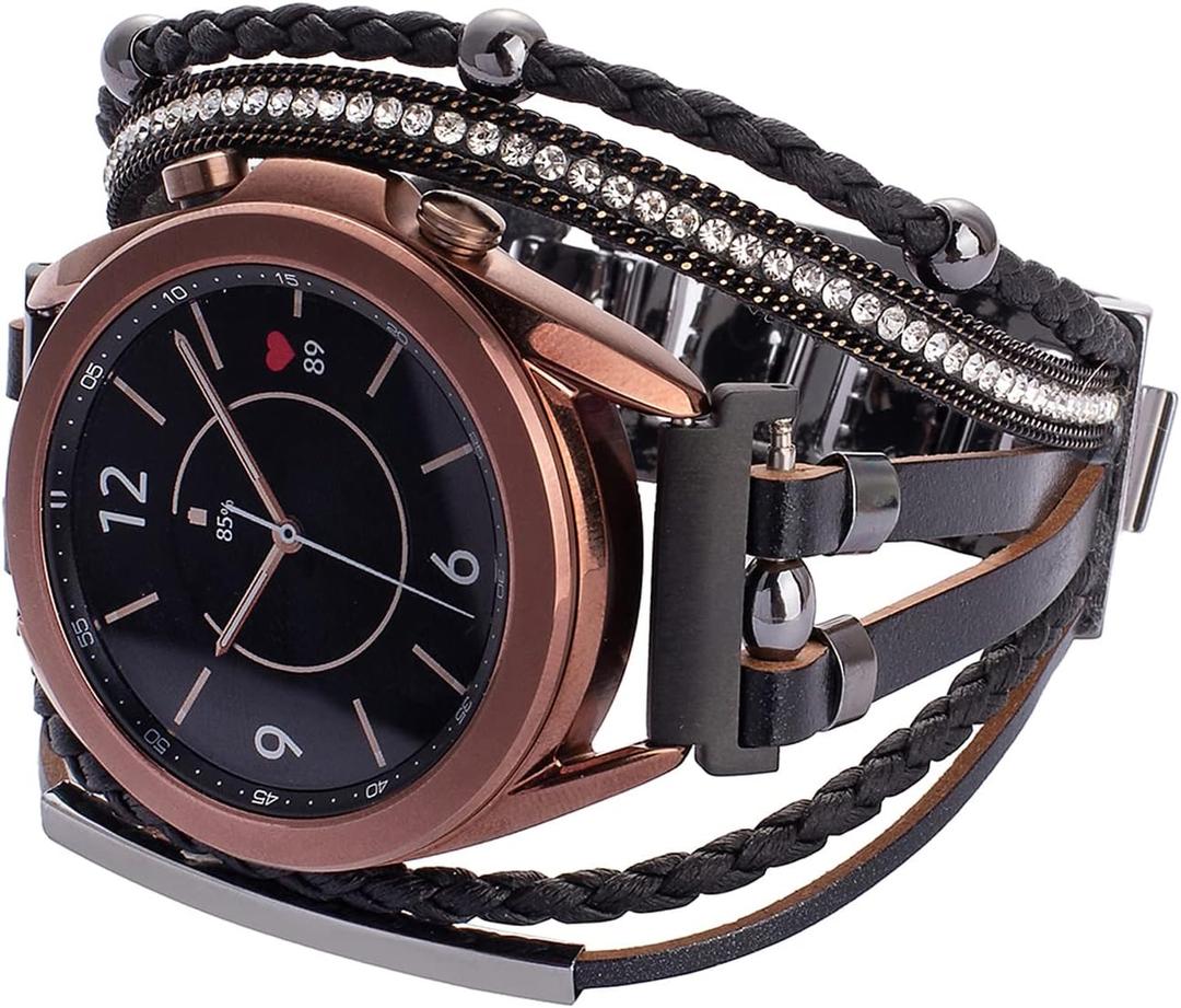 Compatible with Samsung Galaxy Watch 7/FE/6/5/4/3 Band/40mm 44mm/Active 2/Galaxy Watch 5 Pro/Watch 7&6&4 Classic 43mm/47mm/42mm/46mm/Garmin Venu, 20mm Leather Boho Bracelet Jewelry Strap for Women (Black)