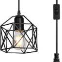 Industrial Plug-in Pendant Light, Black Farmhouse Hanging Ceiling Light, Vintage Metal Cage Wall Mount Lamp, 1-Light Fixture for Kitchen Island, Dining Room, E26 Base (Bulb Not Included)