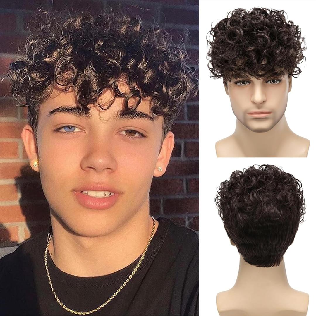 Mens Curly Wigs Dack Brown Short Wig,Synthetic Heat Resistant Costume Wig Mens Daily Cosplay Party Halloween