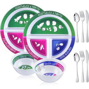 4 Pcs Portion Control Plate Bowls Set with 6 Pcs Stainless Steel Silverware 8.5 Inch Bariatric for Portion Control Divided Diet Bowl for Weight Loss Balanced Eating Adult