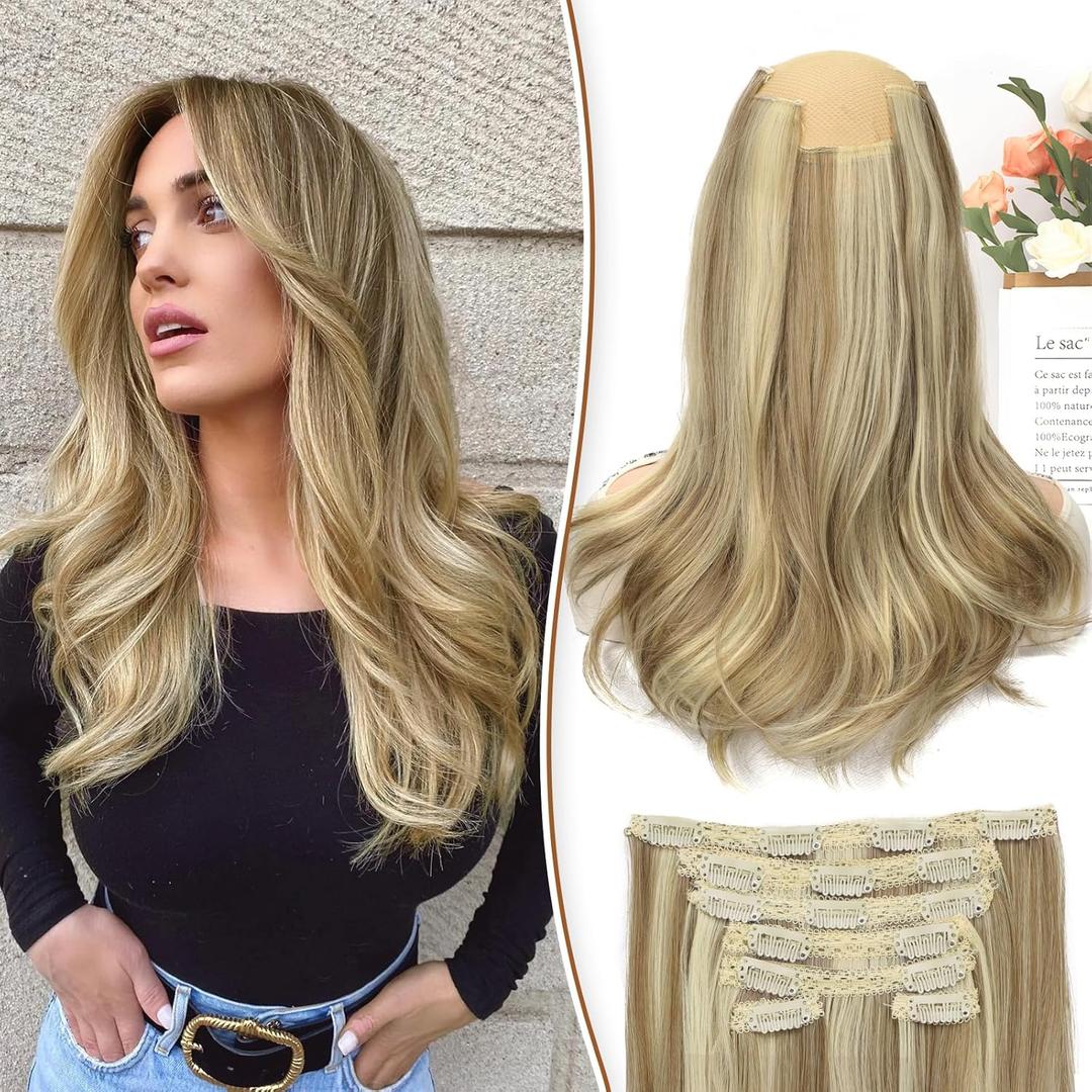 KooKaStyle Clip in Hair Extensions Thick Long Straight Upgrade Soft Lace Weft Lightweight 7PCS Layered Hair Extensions Dirty Blonde Mixed Bleach Blonde 14Inch for Women