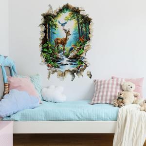 Watercolor Deer Wall Decals with Evergreen Pines Forest Stag Removable Peel and Stick Wall Art for Living Room Bedroom Nursery Classroom Preschool Home Decor