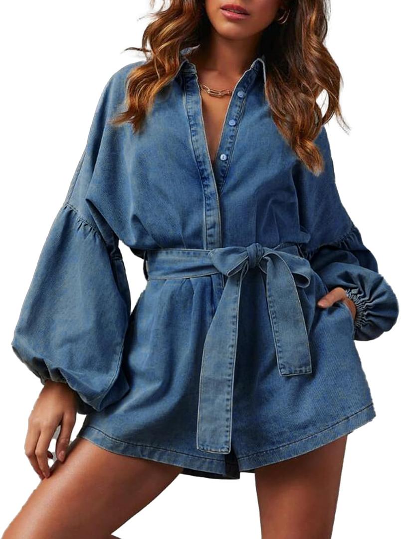Women's Casual Denim Romper Belted Lantern Sleeve Jean Jumpsuits with Pockets (Large, Medium Blue)