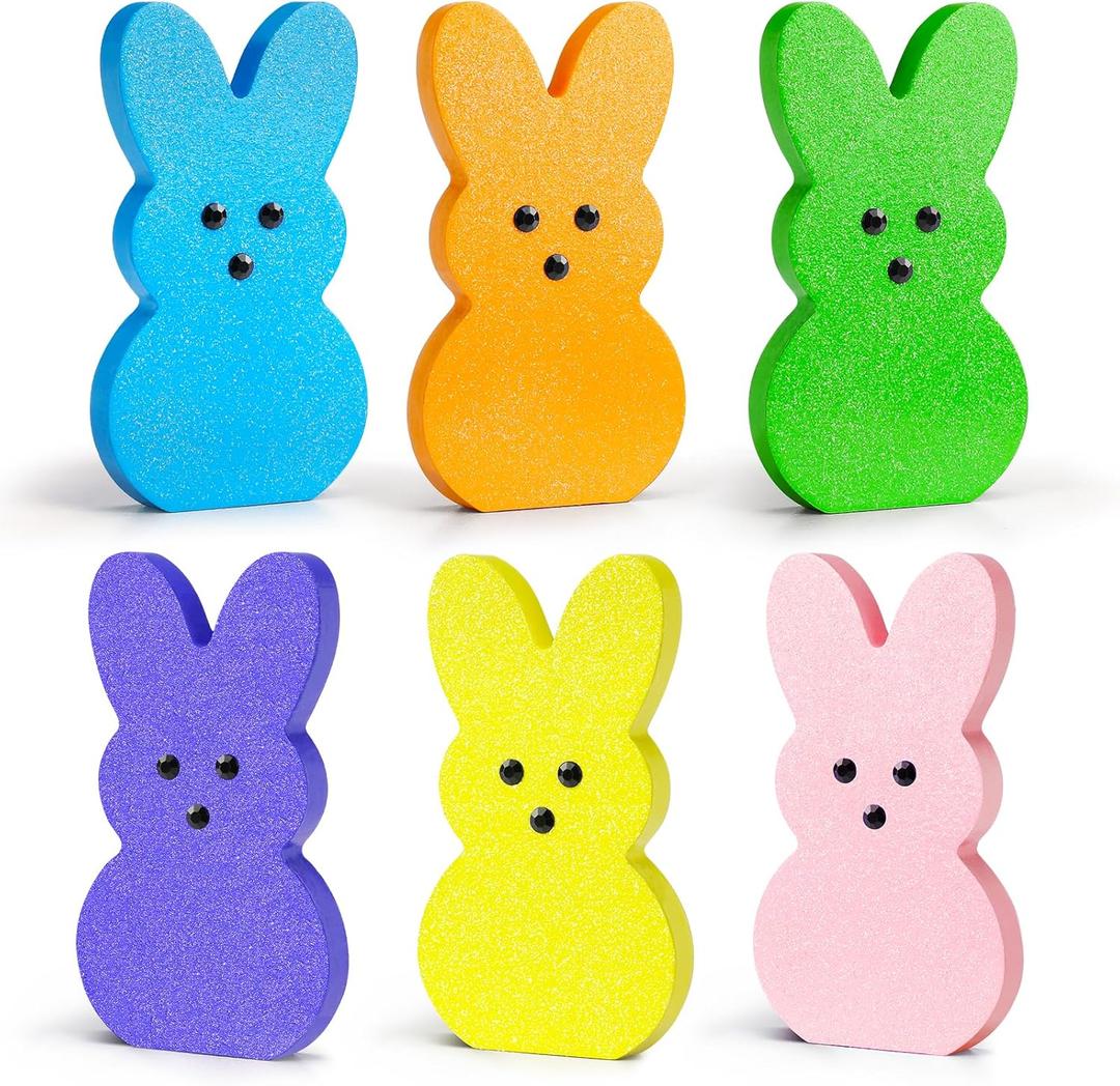 Easter Decorations for Home: 6 Pcs Glitter Easter Decor for Home, Bunny Peeps Decorations Wood Table Decorations, Tiered Tray Dcor, Spring Signs for Desk Shelf Mantel Office Indoor, Basket Gifts