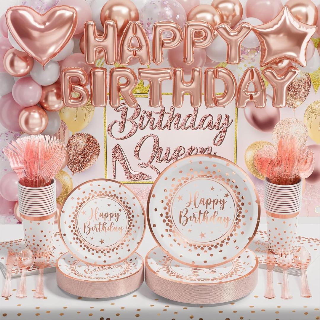 Ecomore White Rose Gold Party Supplies - 258 PCS Girls Birthday Decorations & Disposable Dinnerware Set (Serve 25) With Happy Birthday Paper Plates Cups Napkins Banner Tablecloth Backdrop Balloons kit