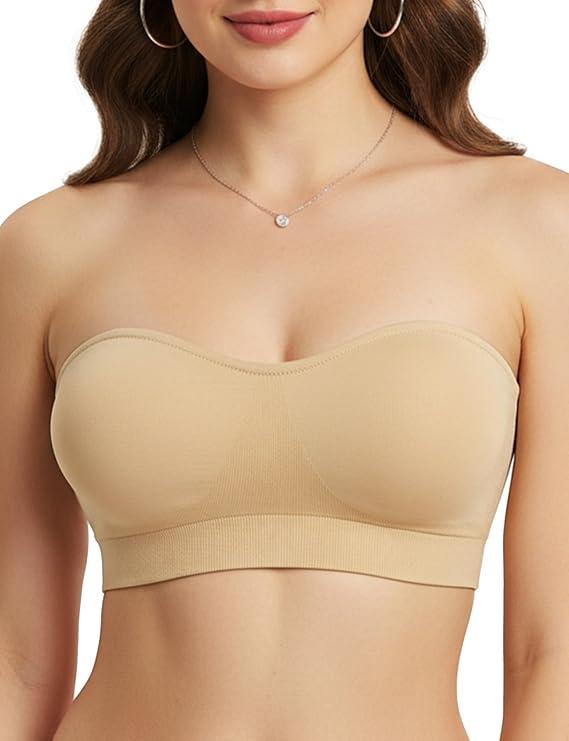 Strapless Bras for Women, Non-Slip Silicone Bandeau Bra, Wireless Padded Bralette Push Up Bra Seamless Tube Top (Large, Nude)