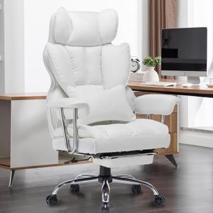Efomao Big and Tall Office Chair 400lbs  PU Leather Executive Office Chair with Lumbar Support & Leg Rest, Heavy-Duty Computer Chair for Home Office, White