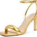 Modatope Womens Heels Square Open Toe Strappy High Heels Ankle Strap Heeled Sandals for Women Party Wedding Daily Wear (11, Gold)