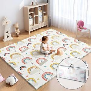 Noonkty 79x71 Extra Large Baby Play Mat for Floor, Foldable Foam Playmat for Babies 0-12 Months & Kids, Non-Toxic Waterproof Baby Mat for Floor, Thick Playpen Mat for Tummy Time Crawling, New Rainbow